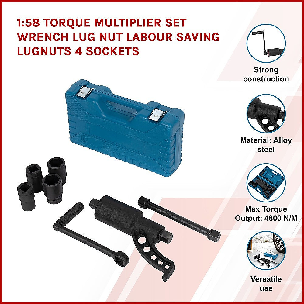Torque Multiplier Wrench Set | 1:58 Ratio | Lug Nut Labor Saving | 4 Sockets Included
