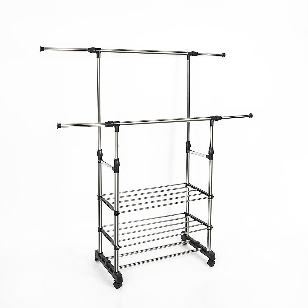 Heavy Duty Commercial Garment Rack | Double Bar | Rolling Collapsible Clothing Shelf