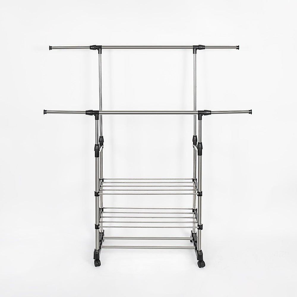 Heavy Duty Commercial Garment Rack | Double Bar | Rolling Collapsible Clothing Shelf