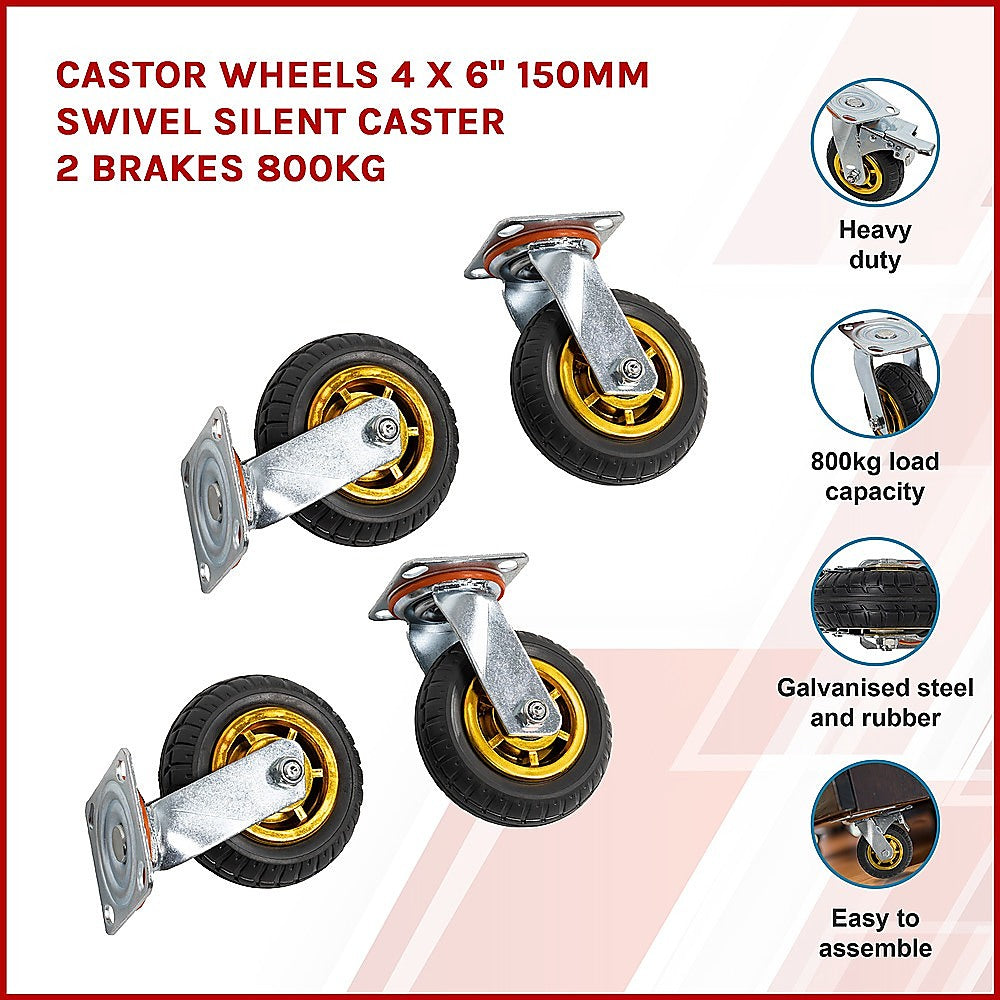 Castor Wheels Set | 4-Piece | 6" (150mm) Swivel Casters | 2 Brakes | 800KG Load Capacity