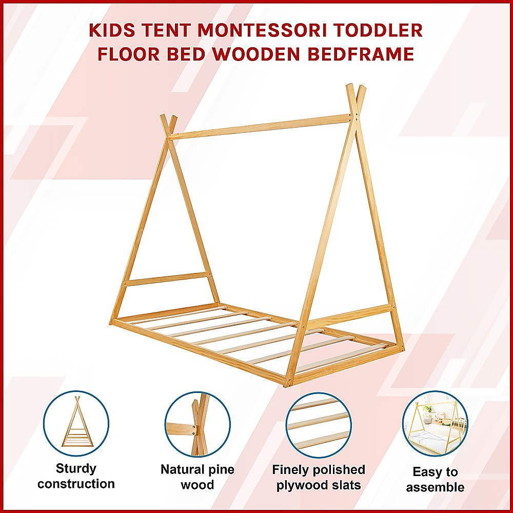 Kids Tent Montessori Toddler Floor Bed | Wooden Bedframe