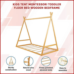 Kids Tent Montessori Toddler Floor Bed | Wooden Bedframe