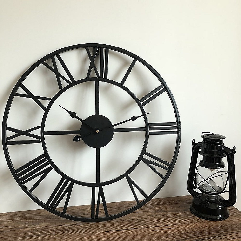 60cm Industrial Large Wall Clock | Round Metal | Roman Numerals Style