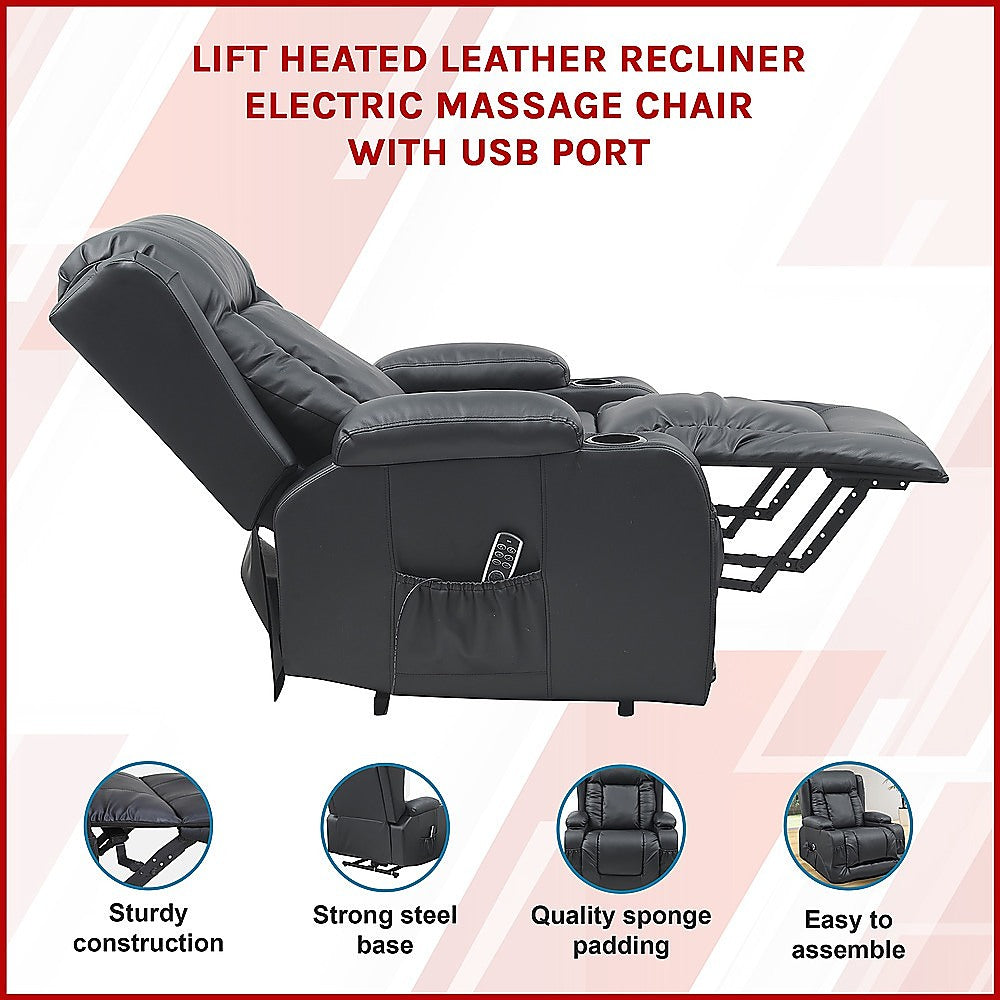 Lift Heated Leather Recliner | Electric Massage Chair | USB Port | Adjustable Comfort