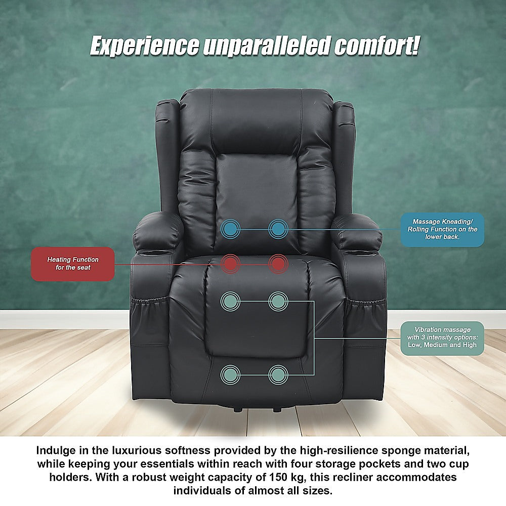 Lift Heated Leather Recliner | Electric Massage Chair | USB Port | Adjustable Comfort