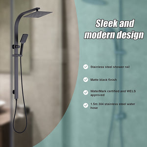 WELS 10" Rain Shower Head Set | Square Dual Heads | High Pressure with Handheld | Black