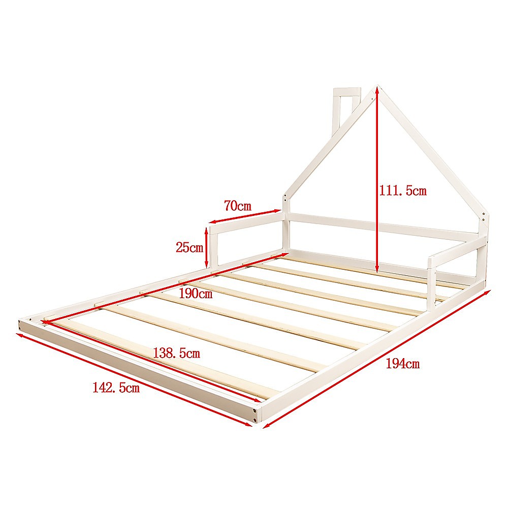 Pine Wood Floor Bed House Frame | Kids and Toddlers | White