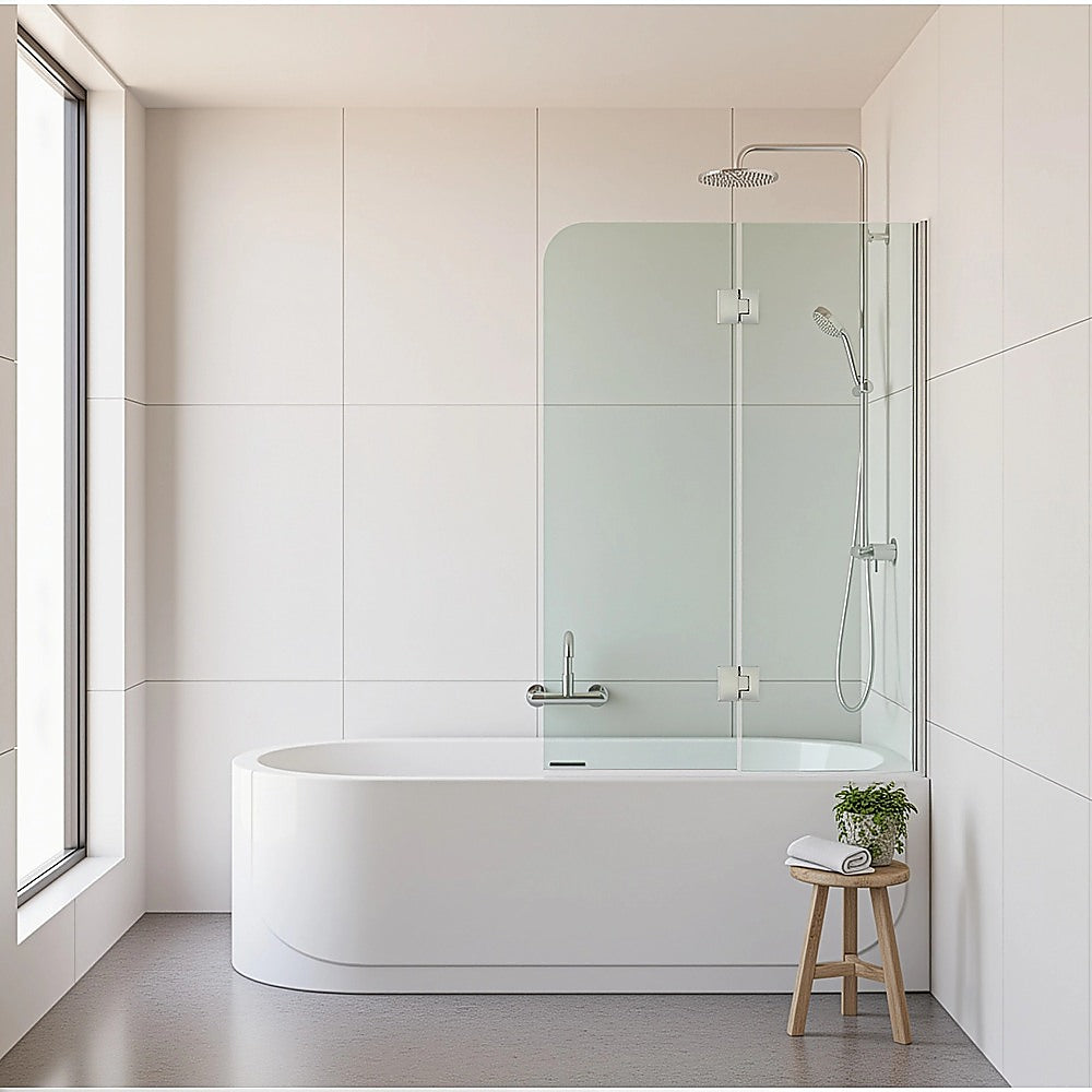 Frameless Glass Bath Screen | 100cm | White Channel | Brass Hinges | Modern Bathroom Divider