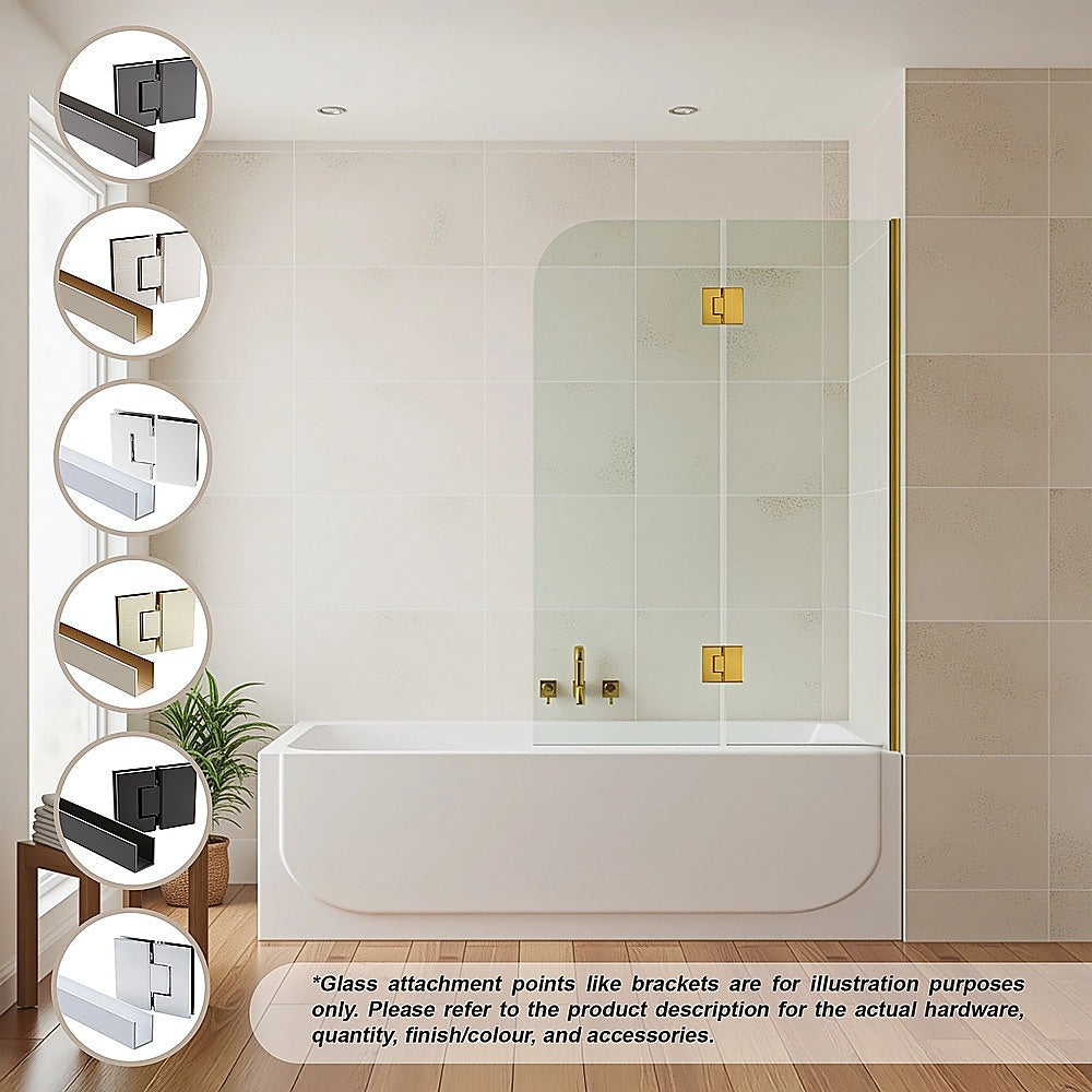 Frameless Glass Bath Screen | 100cm | White Channel | Brass Hinges | Modern Bathroom Divider