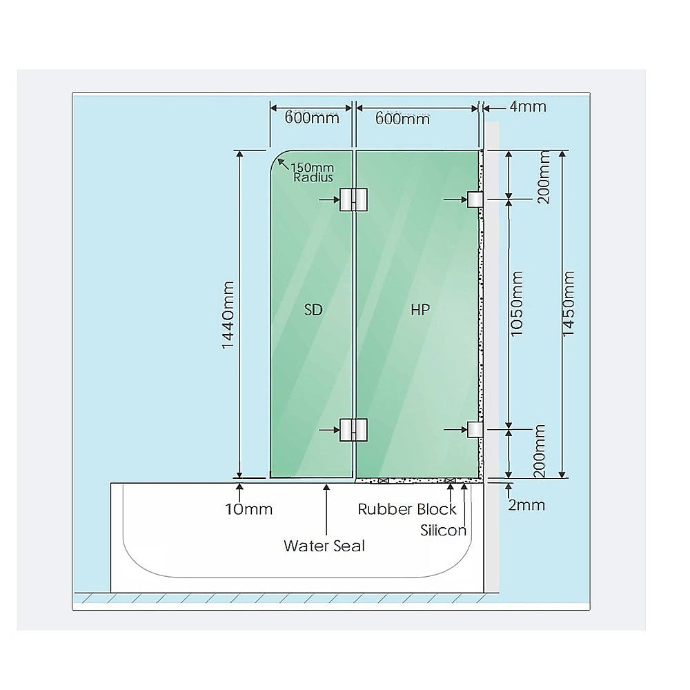 Frameless Glass Bath Screen | 120cm | Nickel Channel | Brass Hinges | Contemporary Bathroom Divider
