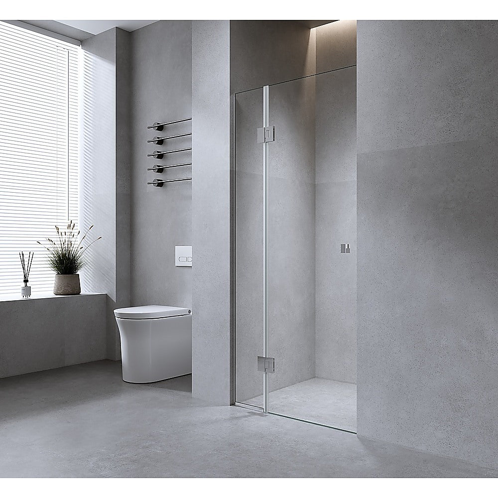 110cm Wall to Wall Frameless Shower Screen with Black Channel and SS Hinges , Round Knob Handle