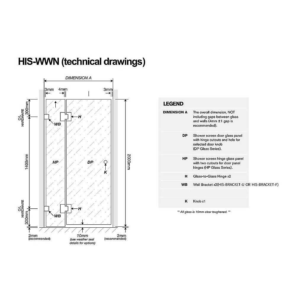 110cm Wall-to-Wall Frameless Shower Screen | Black Channel | Stainless Steel Hinges | Square Double Pull Handle