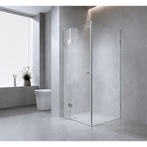 Corner Frameless Shower Screen | 100x70cm | White Brackets | SS Hinges | Square Double Pull Handle