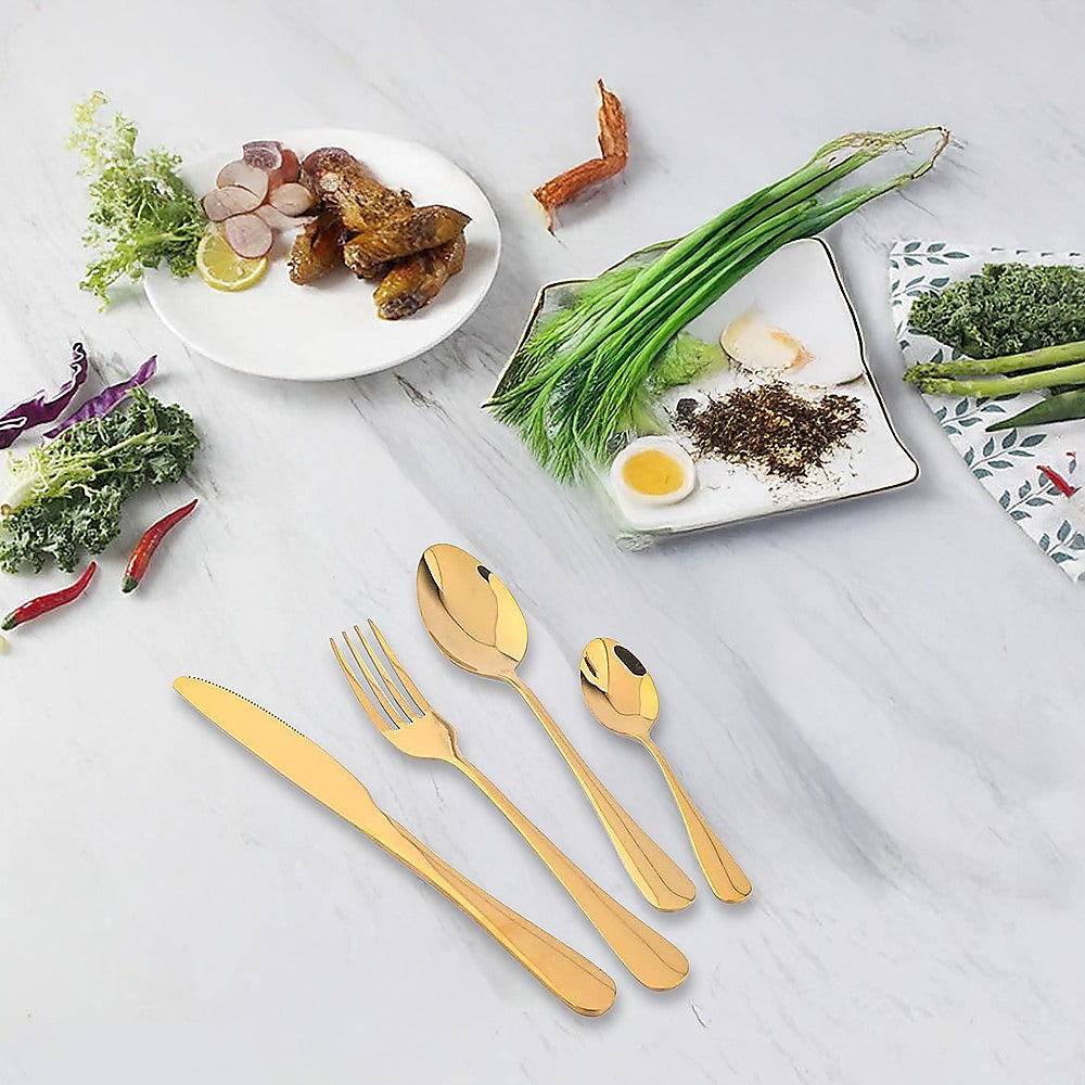 24-Piece Gold Cutlery Set | Stainless Steel | Household Knife, Fork, Spoon | Kitchen Storage Rack | Dinner Service