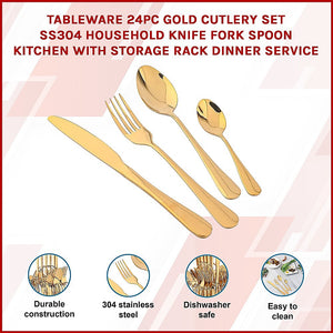 24-Piece Gold Cutlery Set | Stainless Steel | Household Knife, Fork, Spoon | Kitchen Storage Rack | Dinner Service