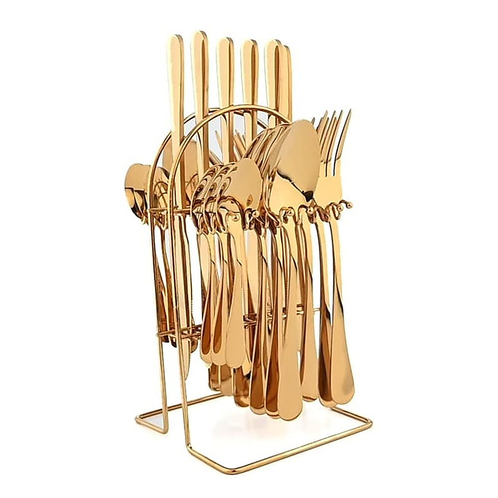 24-Piece Gold Cutlery Set | Stainless Steel | Household Knife, Fork, Spoon | Kitchen Storage Rack | Dinner Service