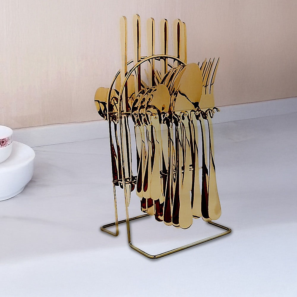 24-Piece Gold Cutlery Set | Stainless Steel | Household Knife, Fork, Spoon | Kitchen Storage Rack | Dinner Service