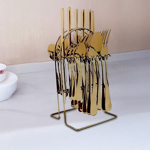 24-Piece Gold Cutlery Set | Stainless Steel | Household Knife, Fork, Spoon | Kitchen Storage Rack | Dinner Service