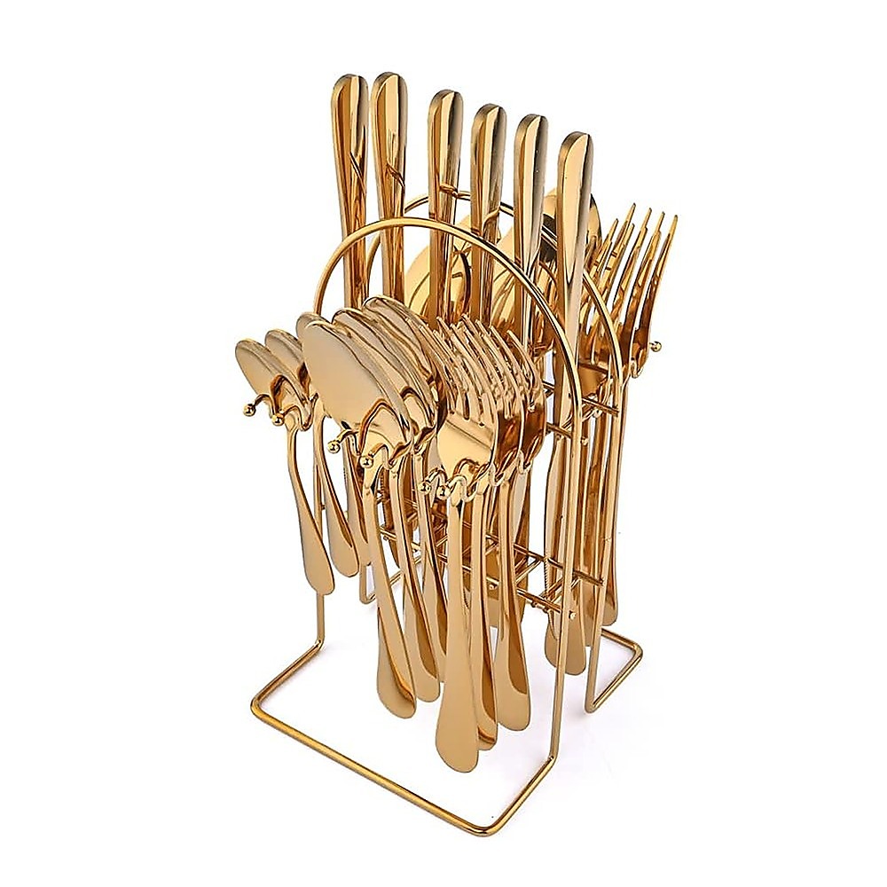 24-Piece Gold Cutlery Set | Stainless Steel | Household Knife, Fork, Spoon | Kitchen Storage Rack | Dinner Service