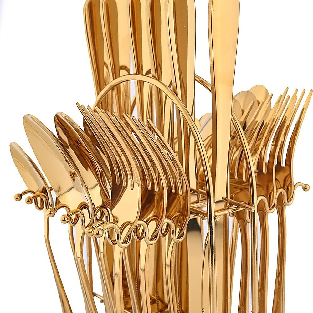 24-Piece Gold Cutlery Set | Stainless Steel | Household Knife, Fork, Spoon | Kitchen Storage Rack | Dinner Service