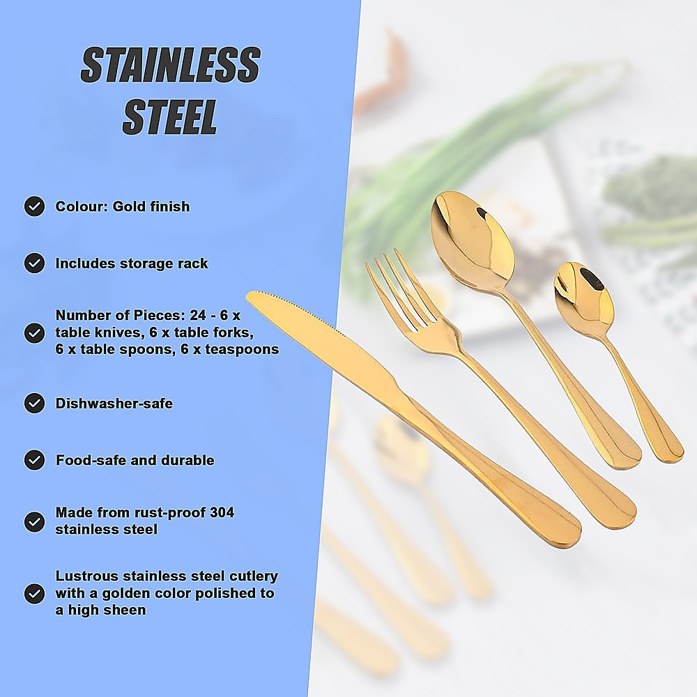 24-Piece Gold Cutlery Set | Stainless Steel | Household Knife, Fork, Spoon | Kitchen Storage Rack | Dinner Service