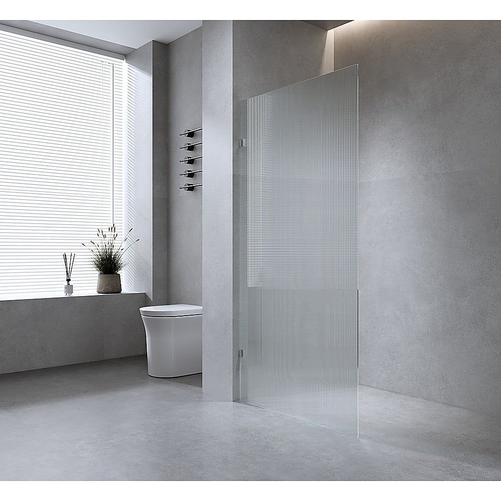 Reeded Single Shower Glass Screen | 90cm | Chrome Wall F-Brackets | Frameless Bathroom Divider