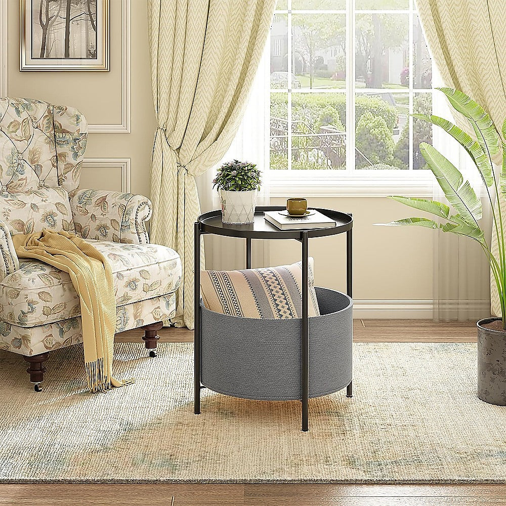Round Side Table | With Bedside Storage Basket | Compact Modern Accent Table