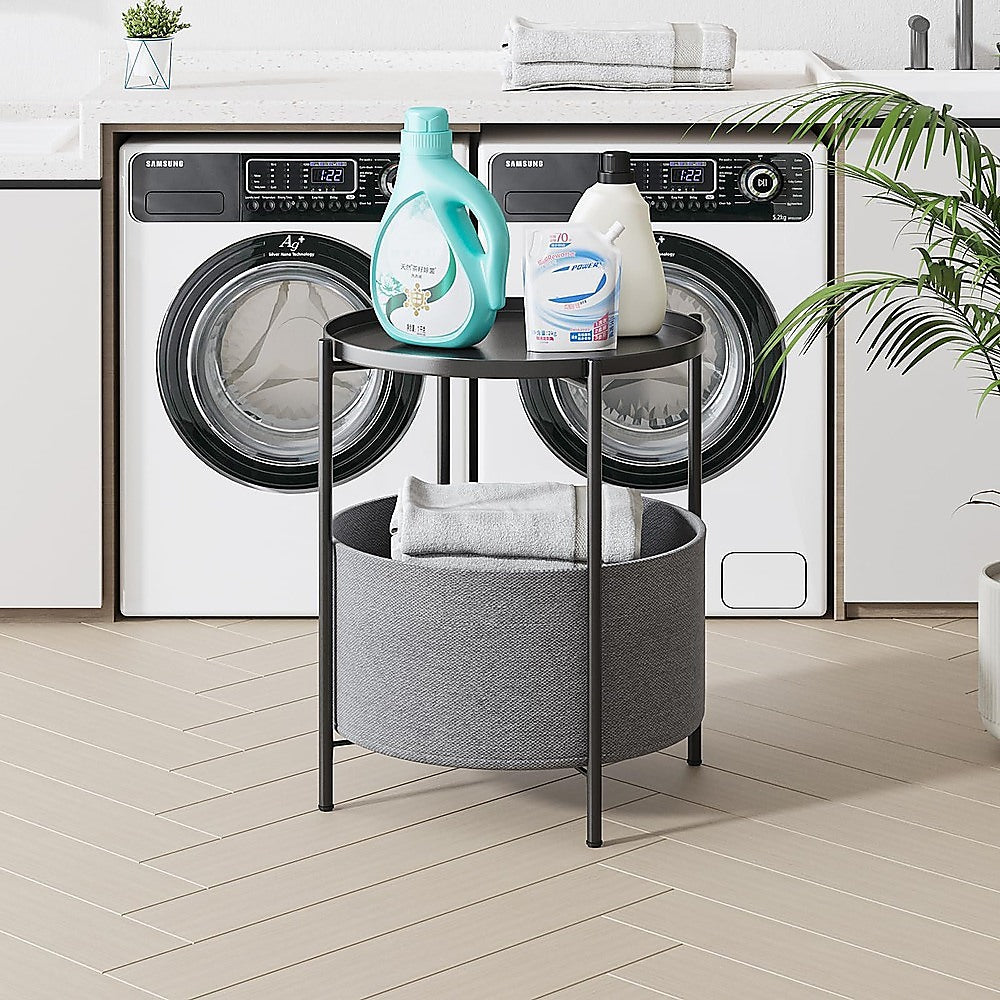 Round Side Table | With Bedside Storage Basket | Compact Modern Accent Table