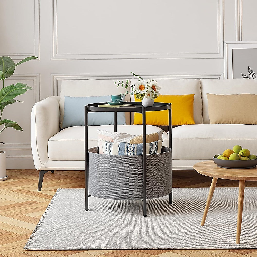 Round Side Table | With Bedside Storage Basket | Compact Modern Accent Table