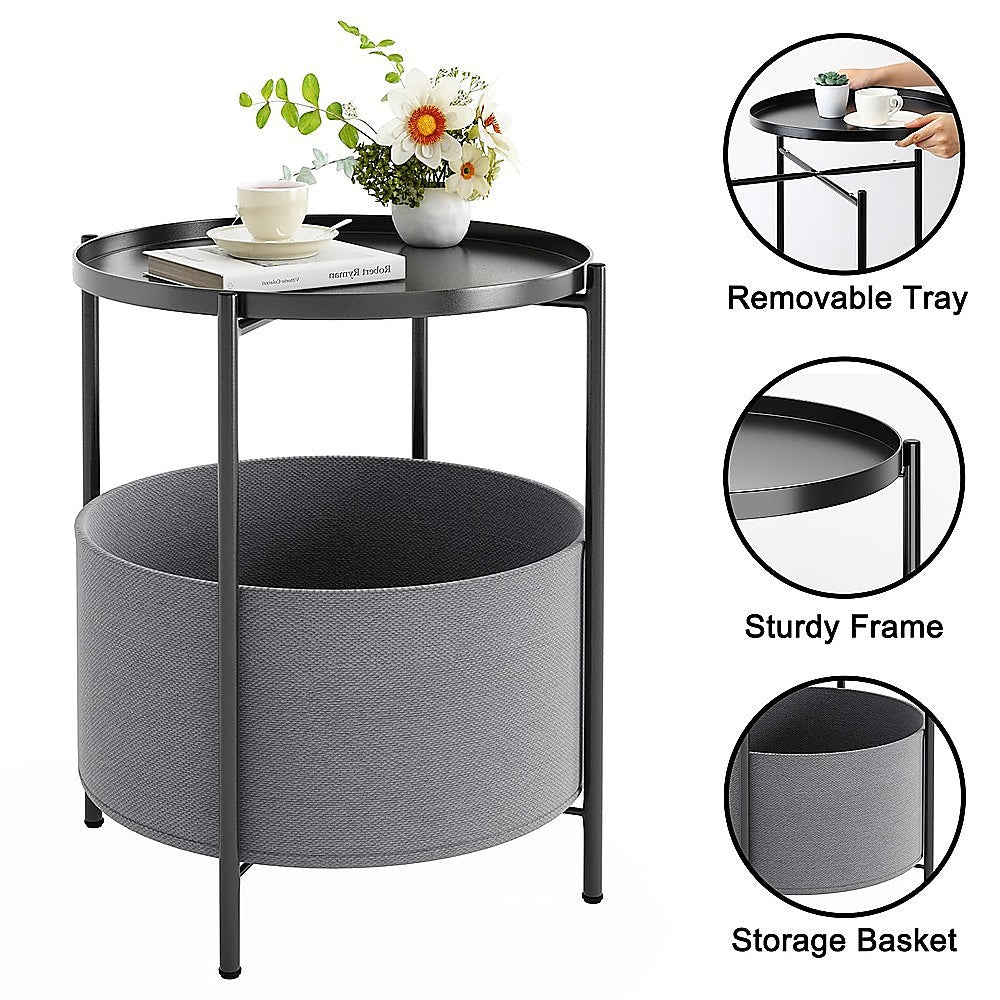 Round Side Table | With Bedside Storage Basket | Compact Modern Accent Table