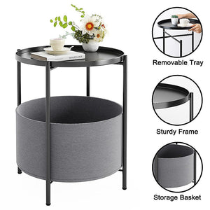 Round Side Table | With Bedside Storage Basket | Compact Modern Accent Table