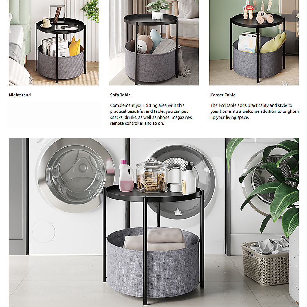 Round Side Table | With Bedside Storage Basket | Compact Modern Accent Table