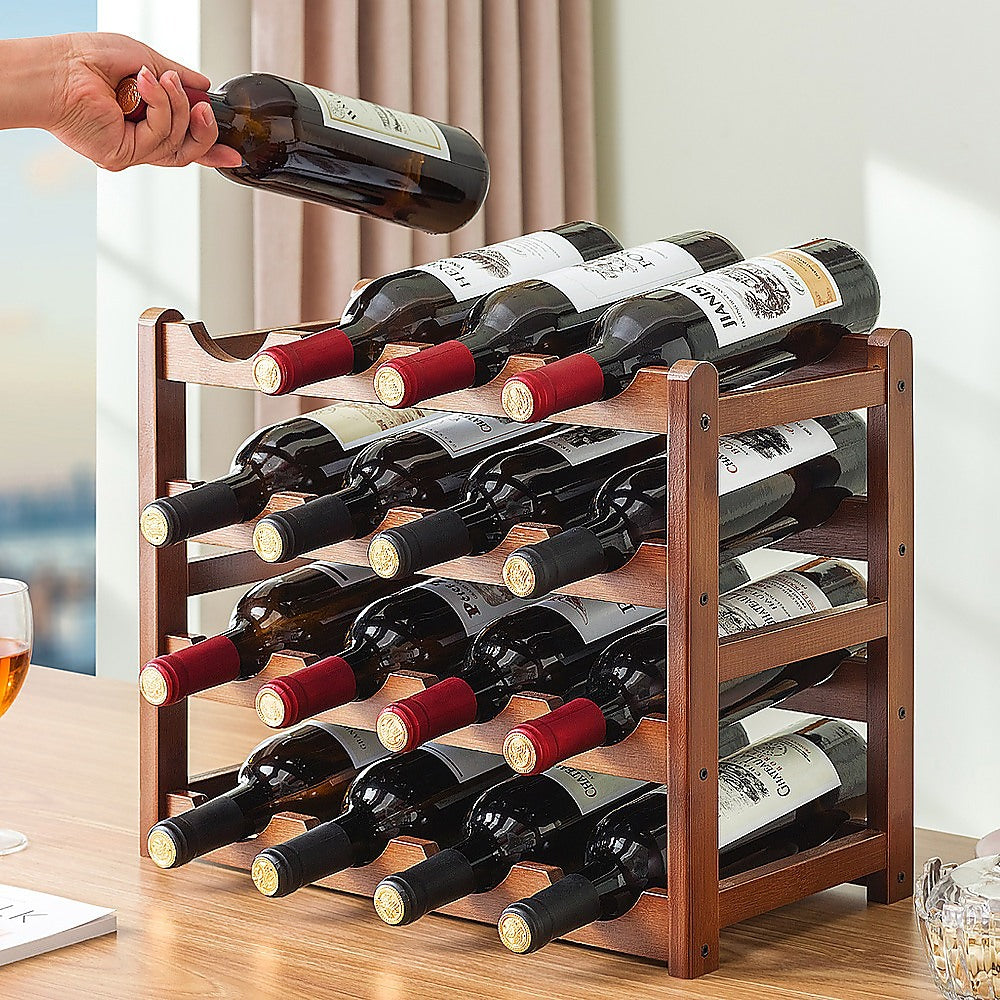 Bamboo Wine Rack | Freestanding | 15 Bottles | 6 Glass Holder | Brown | Home Bar Storage