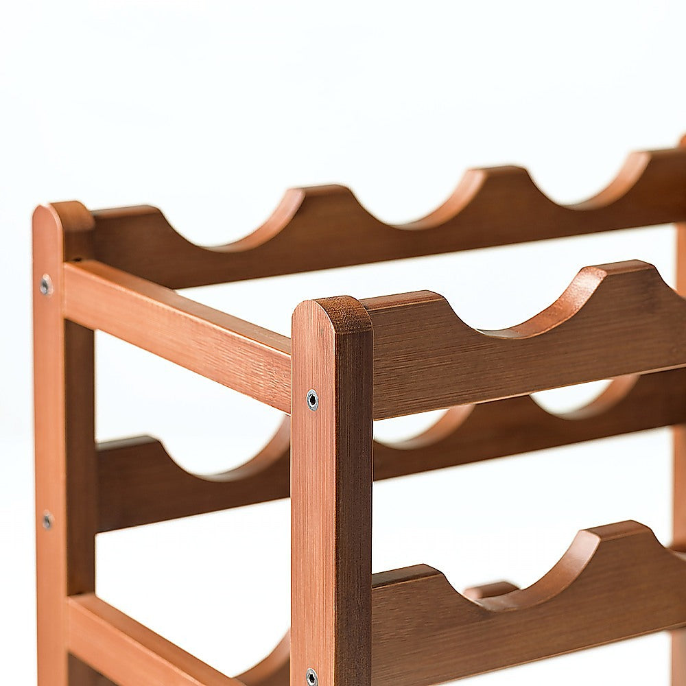 Bamboo Wine Rack | Freestanding | 15 Bottles | 6 Glass Holder | Brown | Home Bar Storage