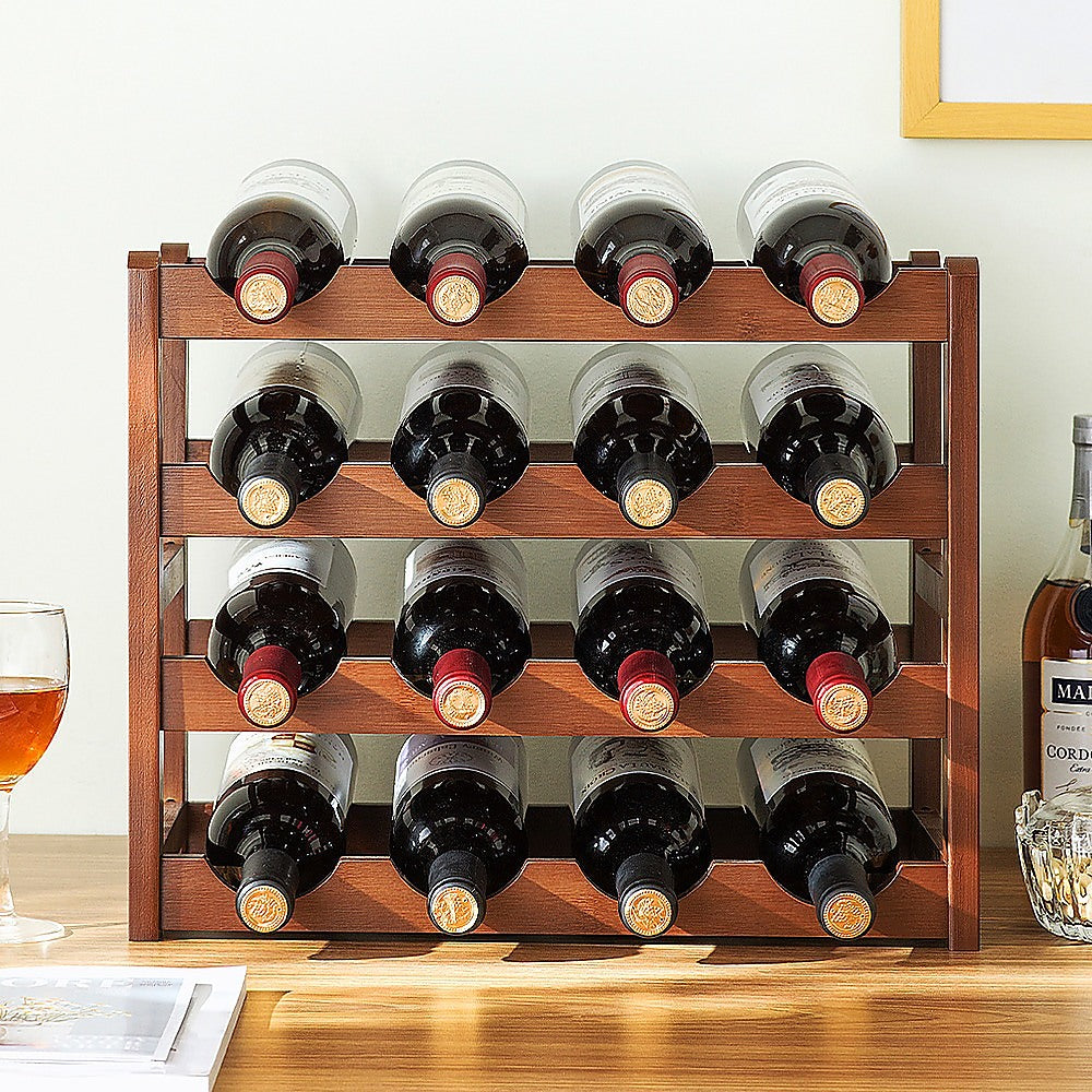 Bamboo Wine Rack | Freestanding | 15 Bottles | 6 Glass Holder | Brown | Home Bar Storage
