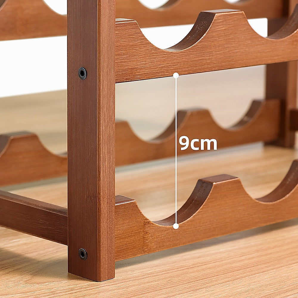 Bamboo Wine Rack | Freestanding | 15 Bottles | 6 Glass Holder | Brown | Home Bar Storage