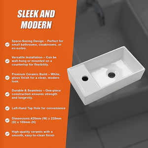 Wall Hung Bathroom Basin | Compact Cloakroom Sink | Ceramic | Space-Saving