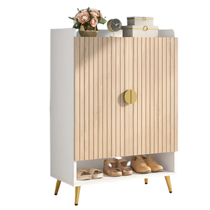 NNETMLT 7-Tier Shoe Storage Cabinet with Adjustable Shelves | Wood and Gold