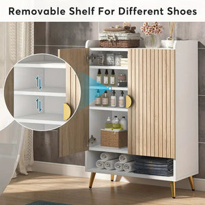 NNETMLT 7-Tier Shoe Storage Cabinet with Adjustable Shelves | Wood and Gold
