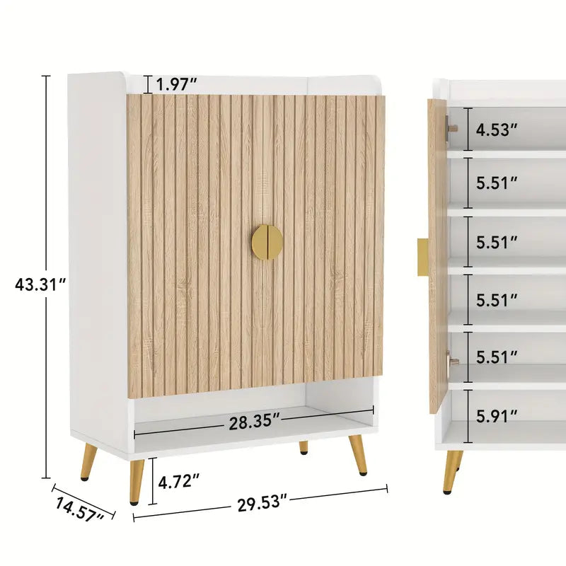 NNETMLT 7-Tier Shoe Storage Cabinet with Adjustable Shelves | Wood and Gold