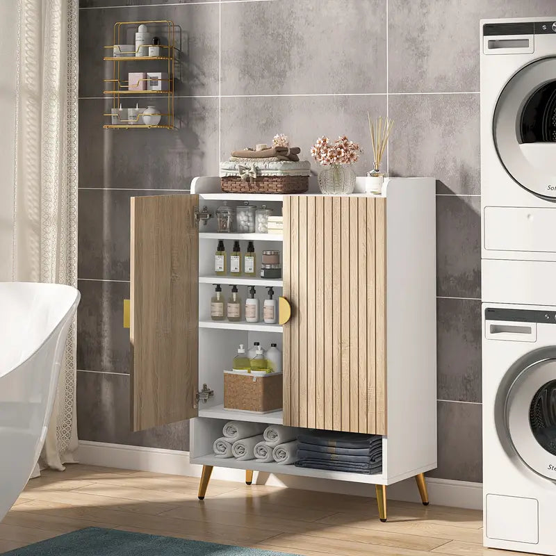 NNETMLT 7-Tier Shoe Storage Cabinet with Adjustable Shelves | Wood and Gold