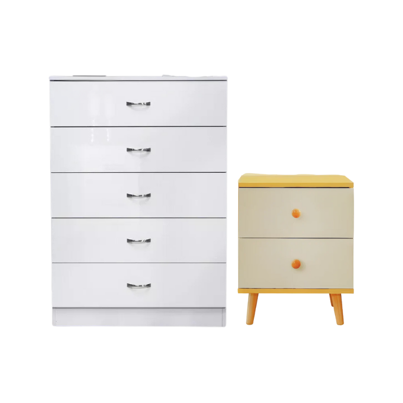 NNECN Drawer Chest | 5-Layer White Storage | With Bedside Table