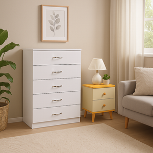 NNECN Drawer Chest | 5-Layer White Storage | With Bedside Table