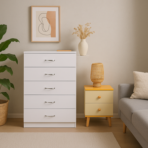 NNECN Drawer Chest | 5-Layer White Storage | With Bedside Table