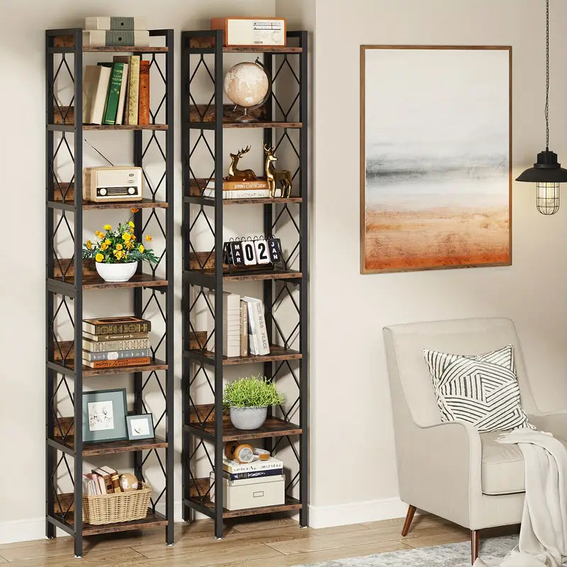NNETMLT 78.7 Inch Extra Tall 7 Tier Skinny Bookcase | Rustic Brown