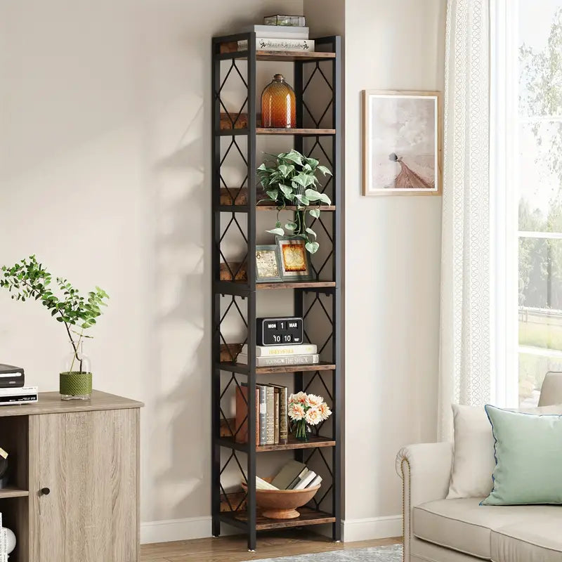 NNETMLT 78.7 Inch Extra Tall 7 Tier Skinny Bookcase | Rustic Brown