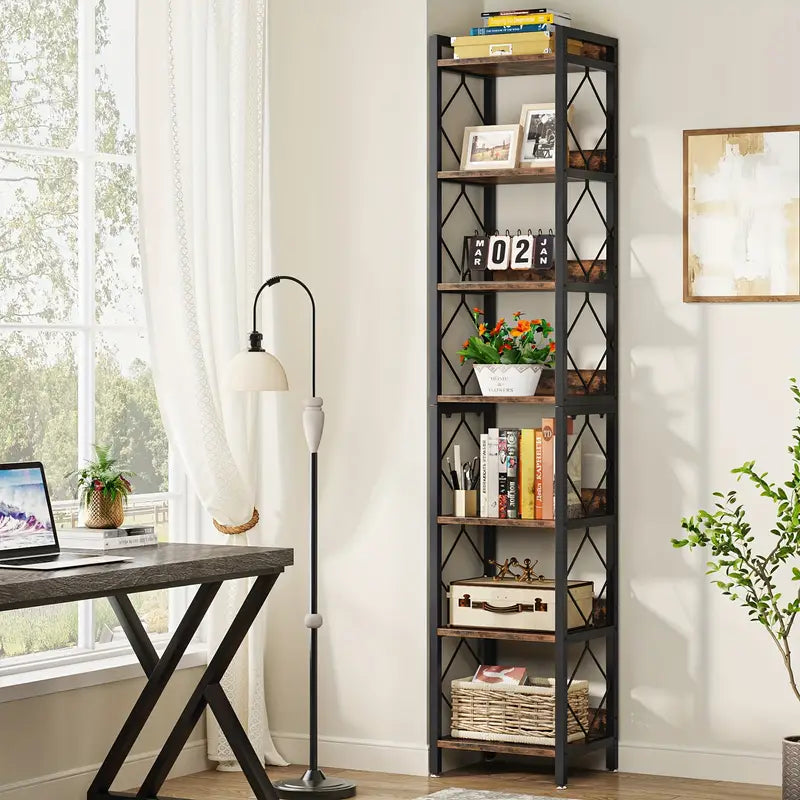 NNETMLT 78.7 Inch Extra Tall 7 Tier Skinny Bookcase | Rustic Brown