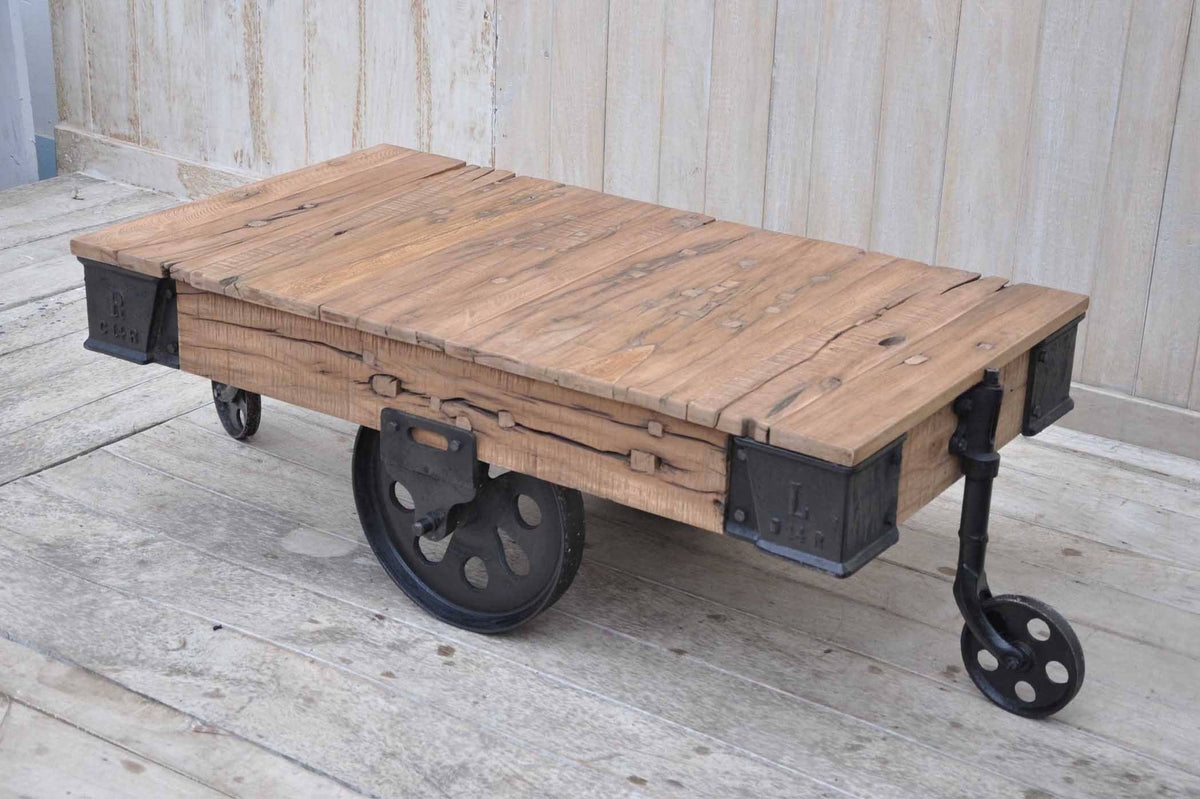 Old Railway Sleeper Industrial Cart Coffee Table | Vintage Style