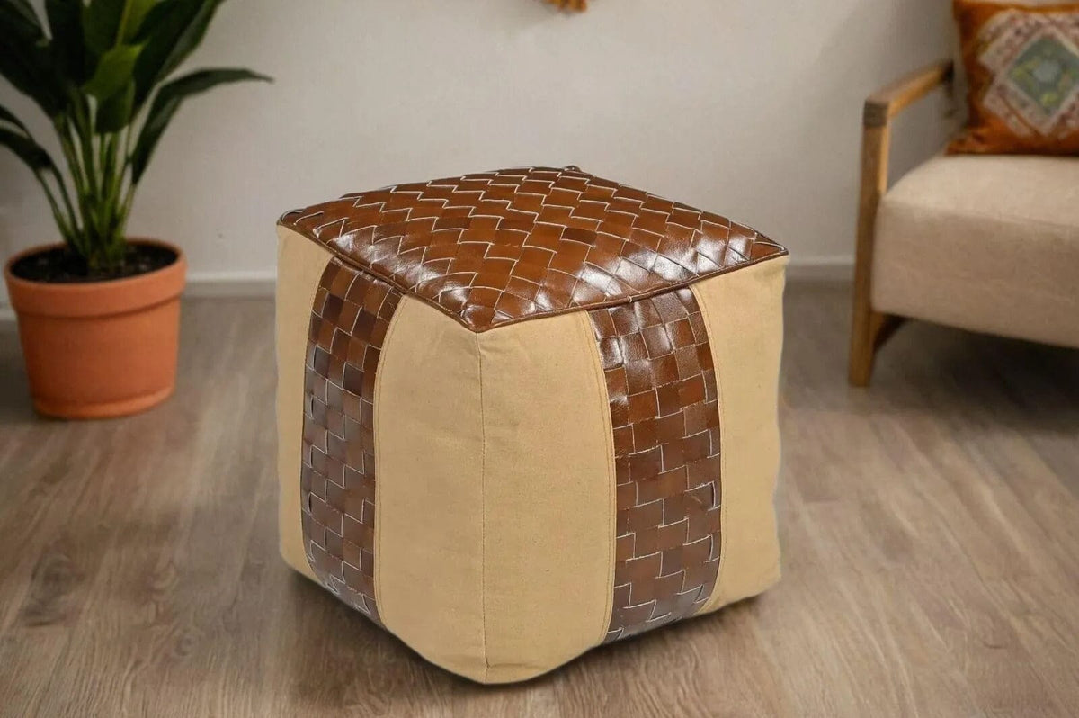 Genuine Leather & Canvas Ottoman