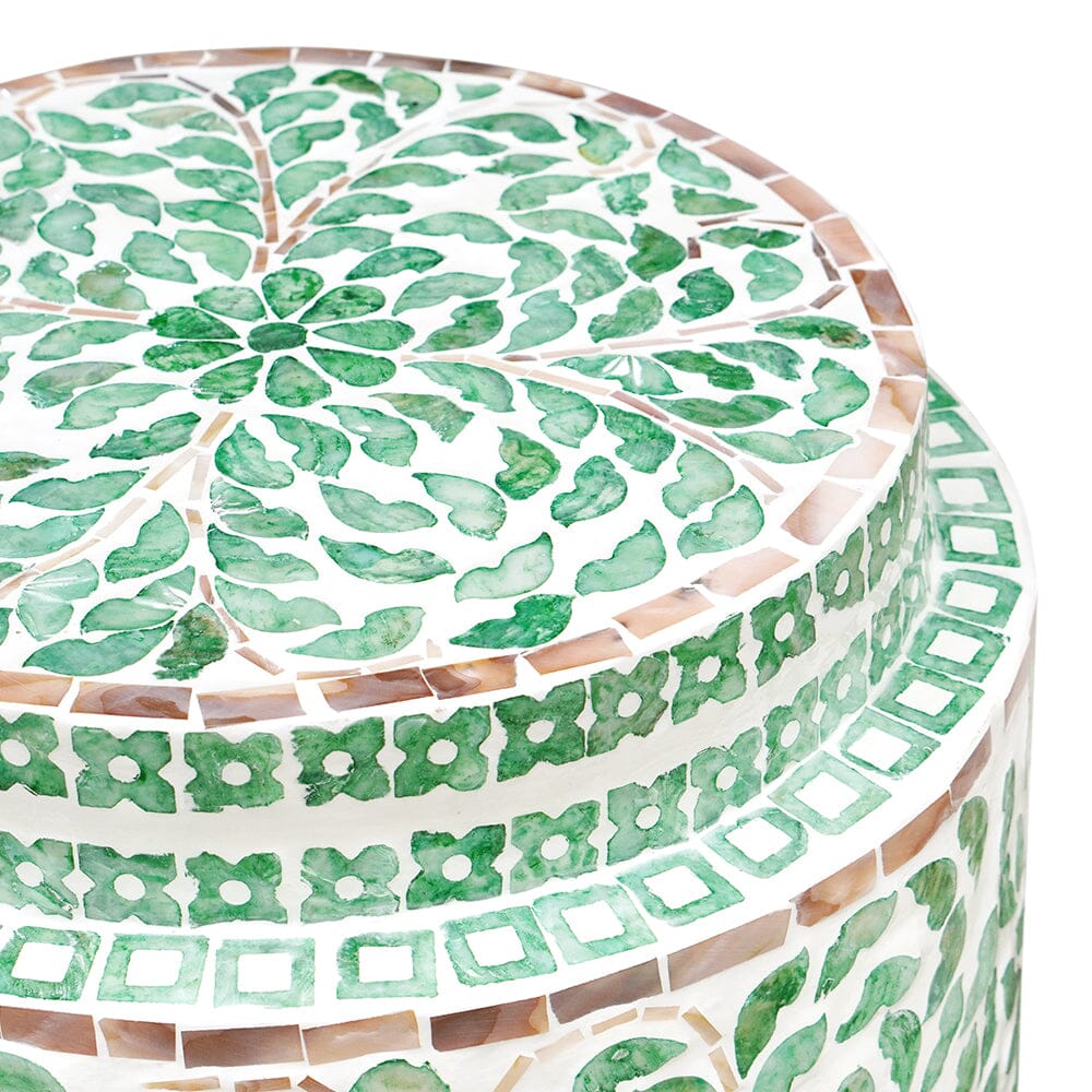 Miranda Cylinder Table/Stool | Turquoise Shell Inlay | Handmade Decorative Accent Piece
